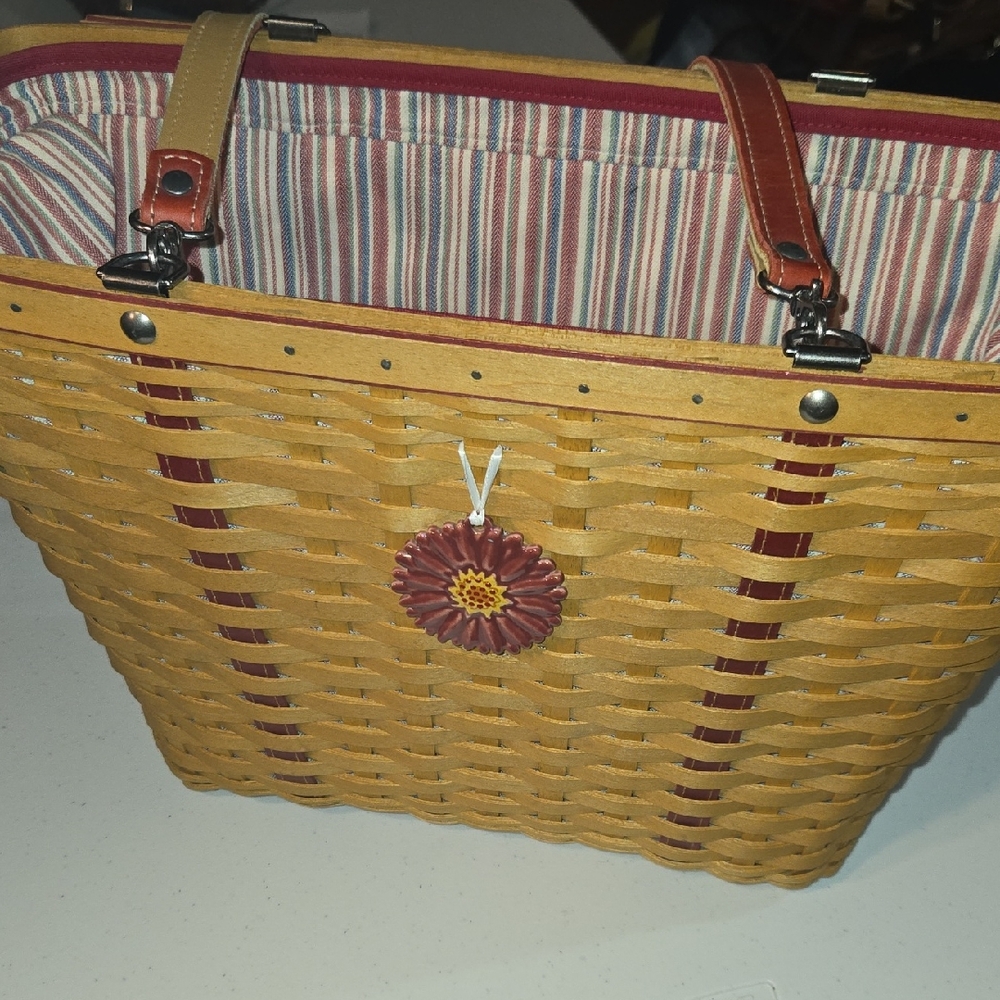 Longaberger Natural Woven Tote, Red Leather Handles